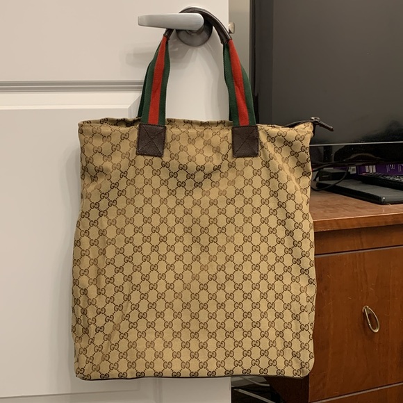 Authentic Gucci original GG web stripe tote handbag brown canvass - Picture 2 of 9